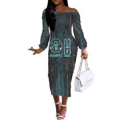 Wosret Winged Crown Off The Shoulder Long Sleeve Dress Egyptian Cyber Circuit Design in Futuristic Blue Theme