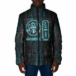 Wosret Winged Crown Padded Jacket Egyptian Cyber Circuit Design in Futuristic Blue Theme