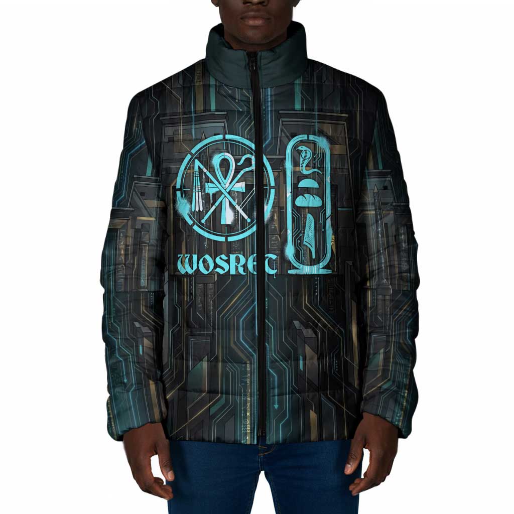 Wosret Winged Crown Padded Jacket Egyptian Cyber Circuit Design in Futuristic Blue Theme