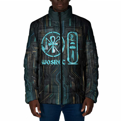 Wosret Winged Crown Padded Jacket Egyptian Cyber Circuit Design in Futuristic Blue Theme