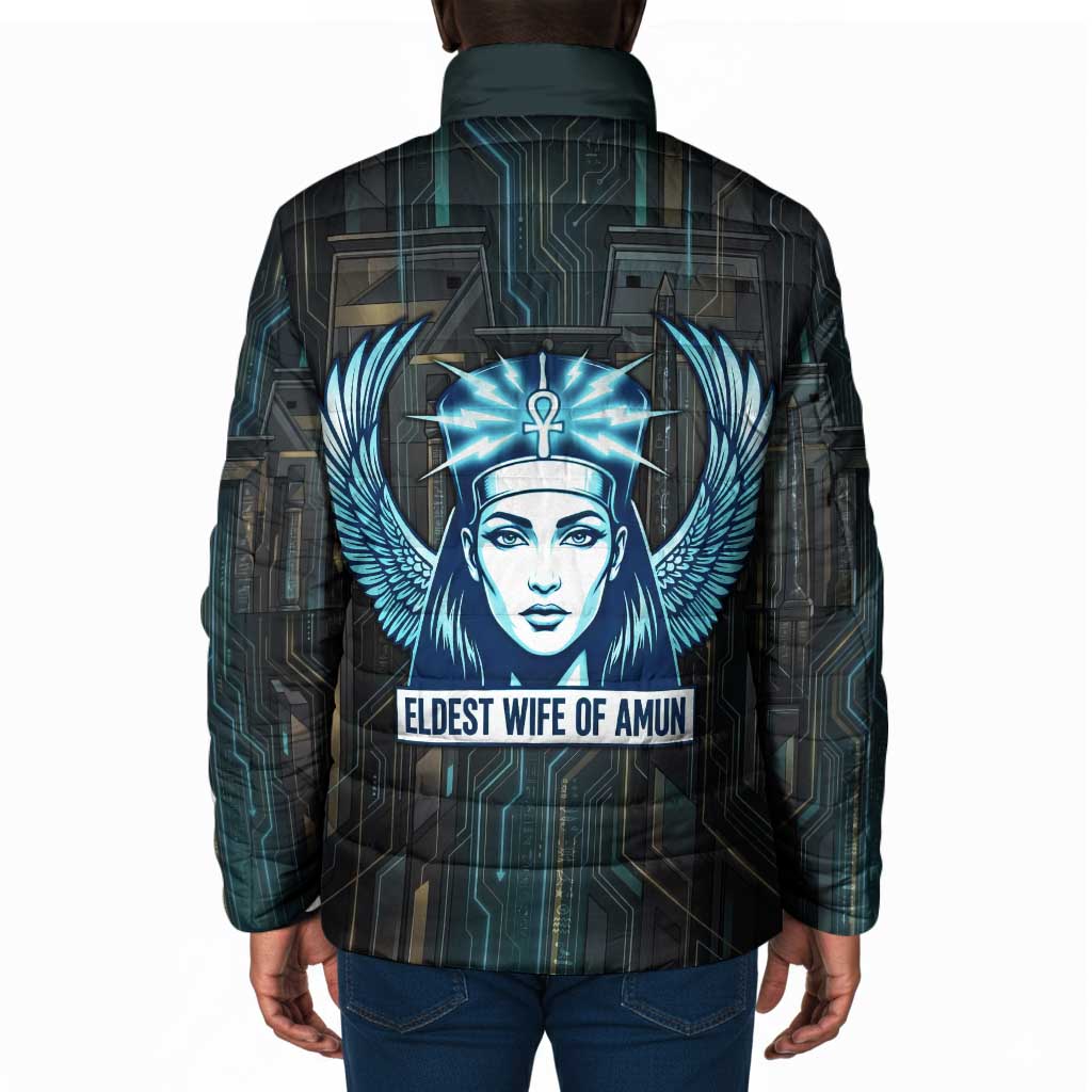 Wosret Winged Crown Padded Jacket Egyptian Cyber Circuit Design in Futuristic Blue Theme