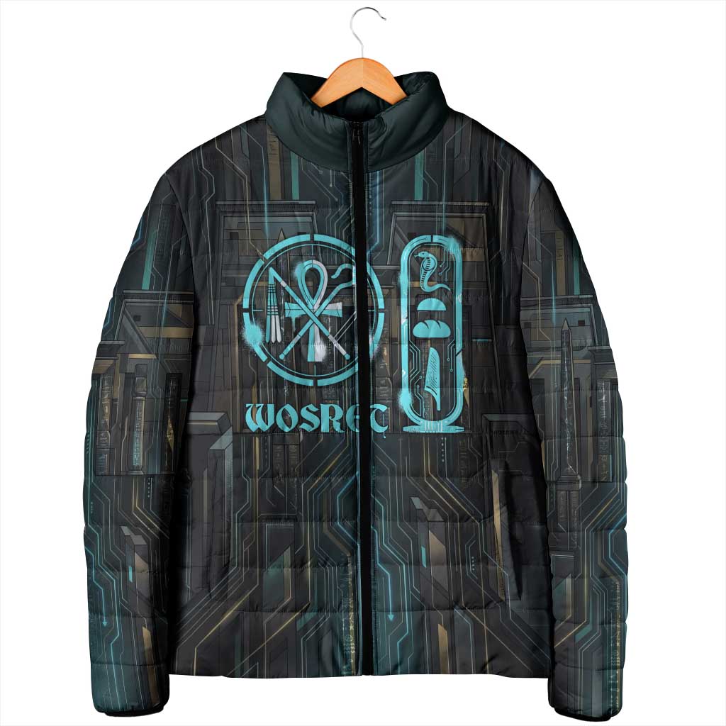 Wosret Winged Crown Padded Jacket Egyptian Cyber Circuit Design in Futuristic Blue Theme