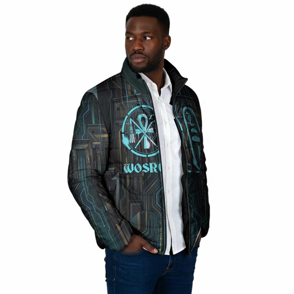 Wosret Winged Crown Padded Jacket Egyptian Cyber Circuit Design in Futuristic Blue Theme