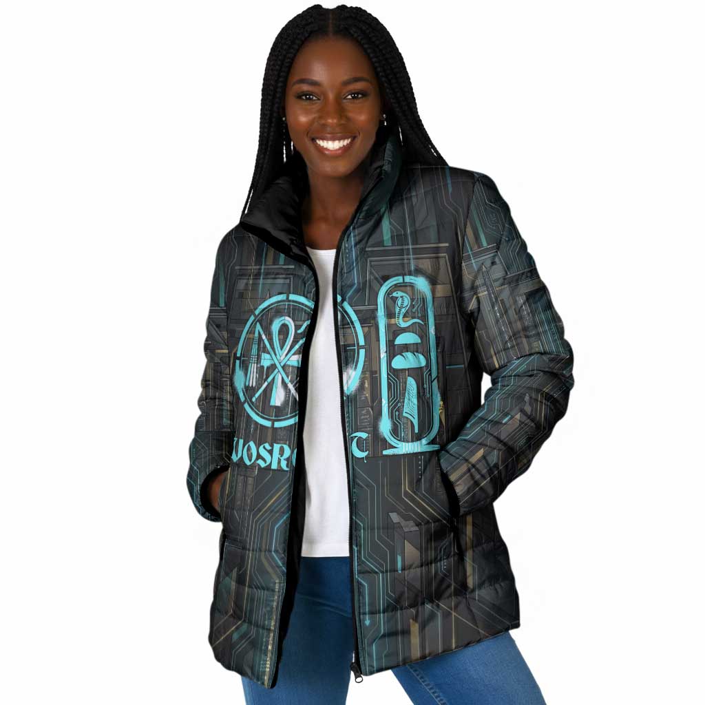 Wosret Winged Crown Padded Jacket Egyptian Cyber Circuit Design in Futuristic Blue Theme