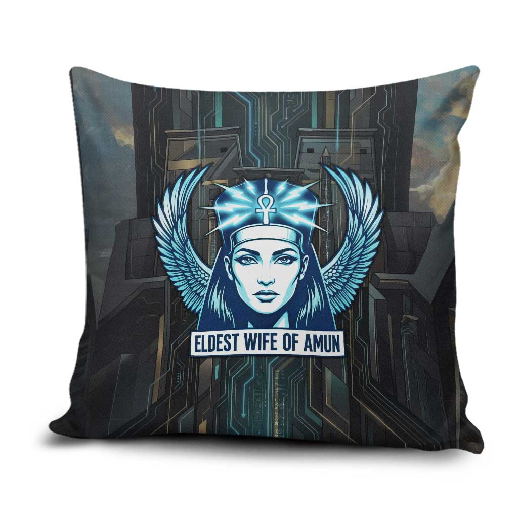 Wosret Winged Crown Pillow Cover Egyptian Cyber Circuit Design in Futuristic Blue Theme
