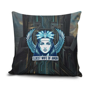 Wosret Winged Crown Pillow Cover Egyptian Cyber Circuit Design in Futuristic Blue Theme