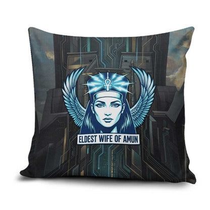 Wosret Winged Crown Pillow Cover Egyptian Cyber Circuit Design in Futuristic Blue Theme