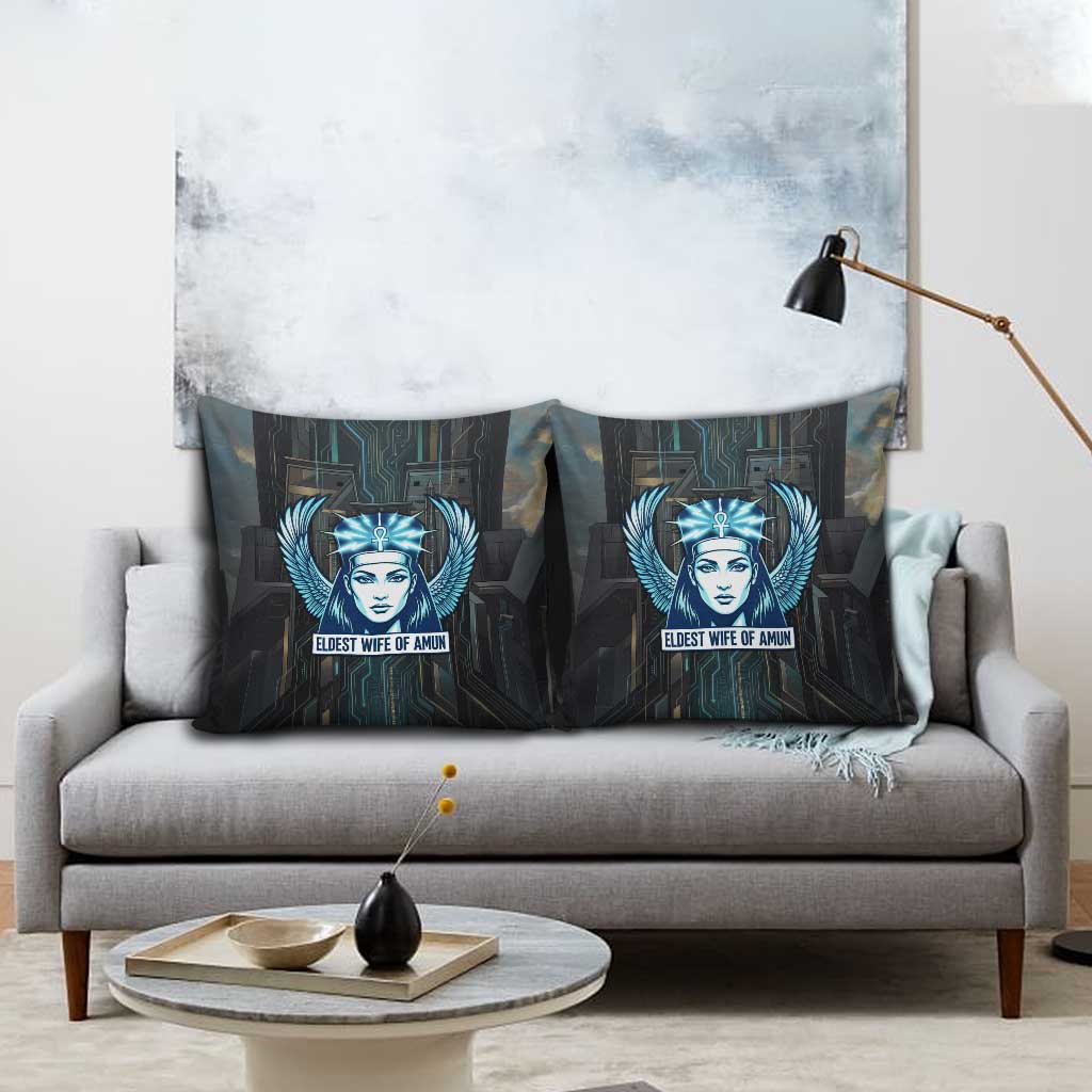 Wosret Winged Crown Pillow Cover Egyptian Cyber Circuit Design in Futuristic Blue Theme