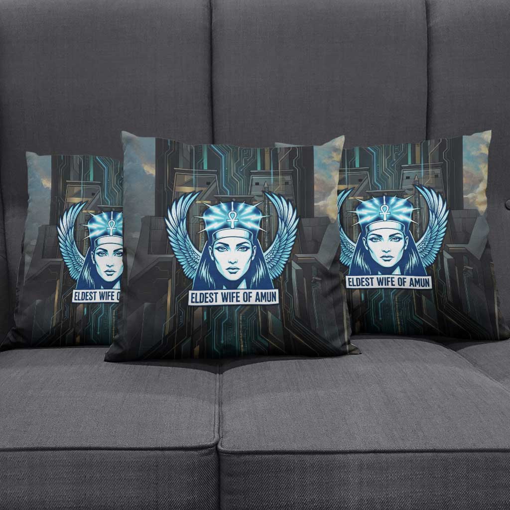 Wosret Winged Crown Pillow Cover Egyptian Cyber Circuit Design in Futuristic Blue Theme