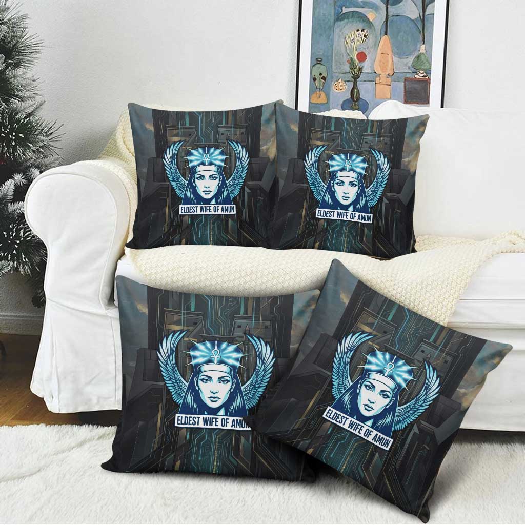 Wosret Winged Crown Pillow Cover Egyptian Cyber Circuit Design in Futuristic Blue Theme