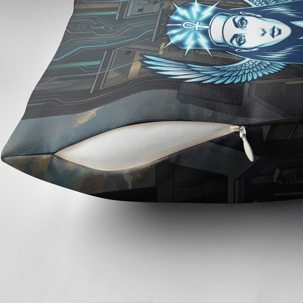 Wosret Winged Crown Pillow Cover Egyptian Cyber Circuit Design in Futuristic Blue Theme