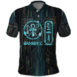 Wosret Winged Crown Polo Shirt Egyptian Cyber Circuit Design in Futuristic Blue Theme