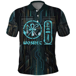 Wosret Winged Crown Polo Shirt Egyptian Cyber Circuit Design in Futuristic Blue Theme