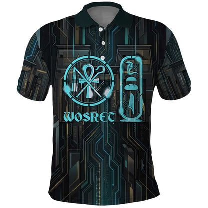 Wosret Winged Crown Polo Shirt Egyptian Cyber Circuit Design in Futuristic Blue Theme
