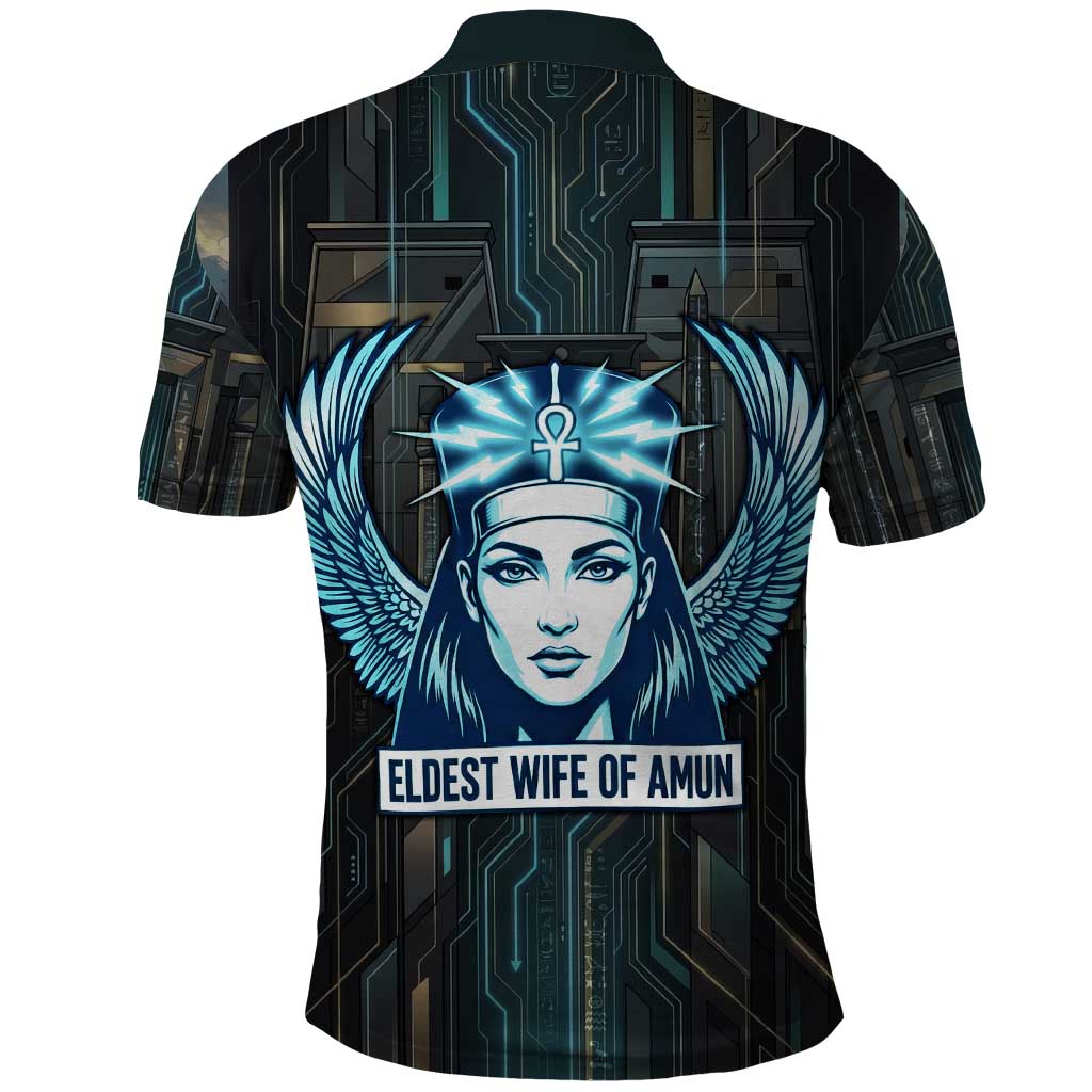 Wosret Winged Crown Polo Shirt Egyptian Cyber Circuit Design in Futuristic Blue Theme