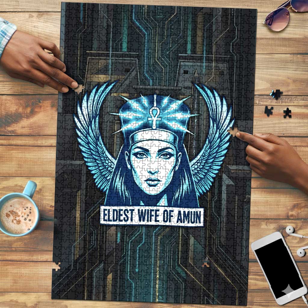 Wosret Winged Crown Puzzle Egyptian Cyber Circuit Design in Futuristic Blue Theme