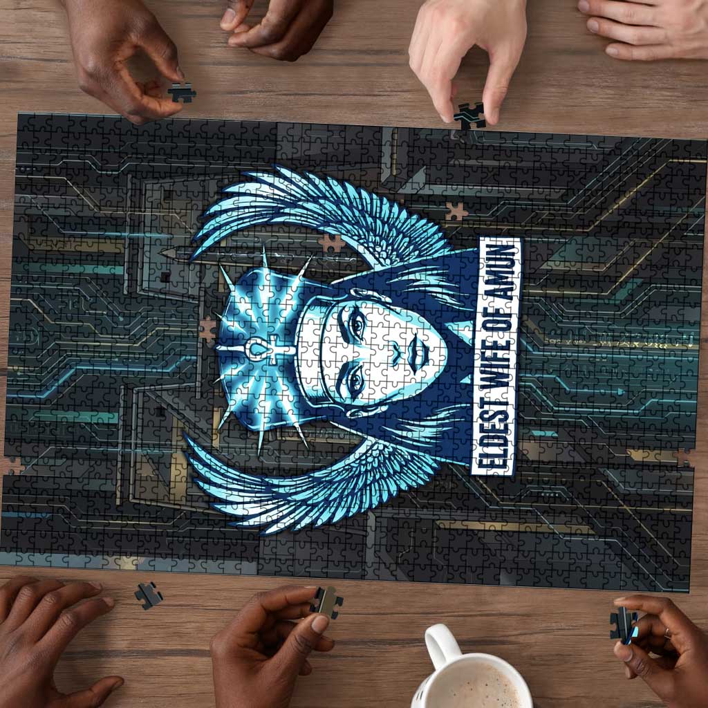 Wosret Winged Crown Puzzle Egyptian Cyber Circuit Design in Futuristic Blue Theme