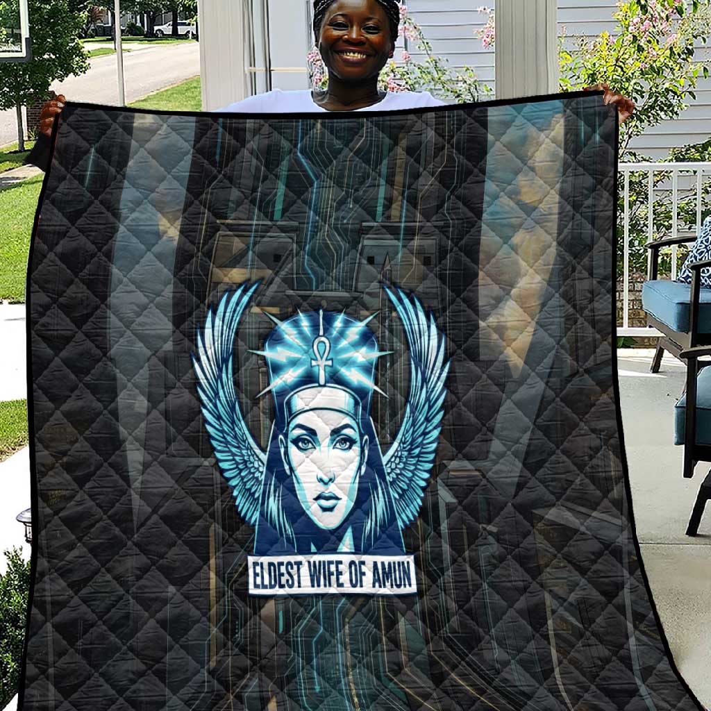 Wosret Winged Crown Quilt Egyptian Cyber Circuit Design in Futuristic Blue Theme