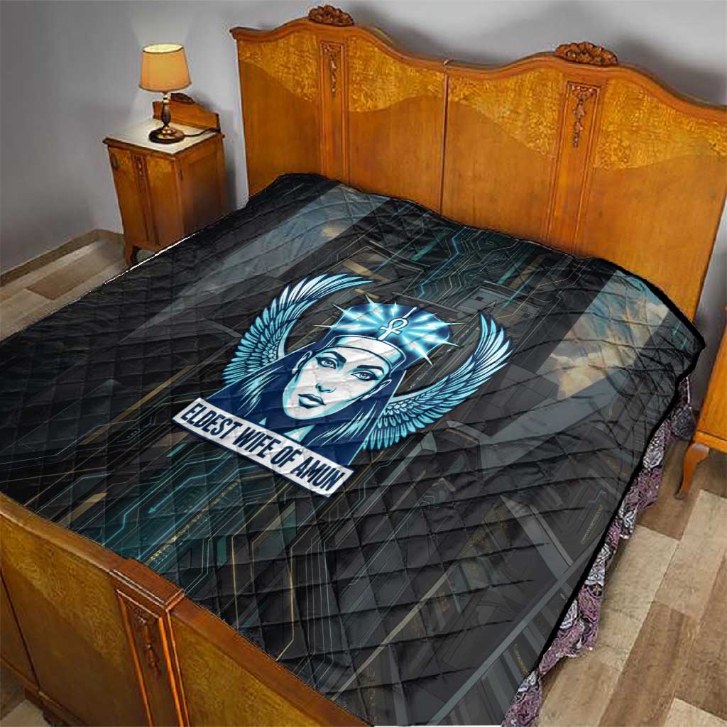 Wosret Winged Crown Quilt Egyptian Cyber Circuit Design in Futuristic Blue Theme