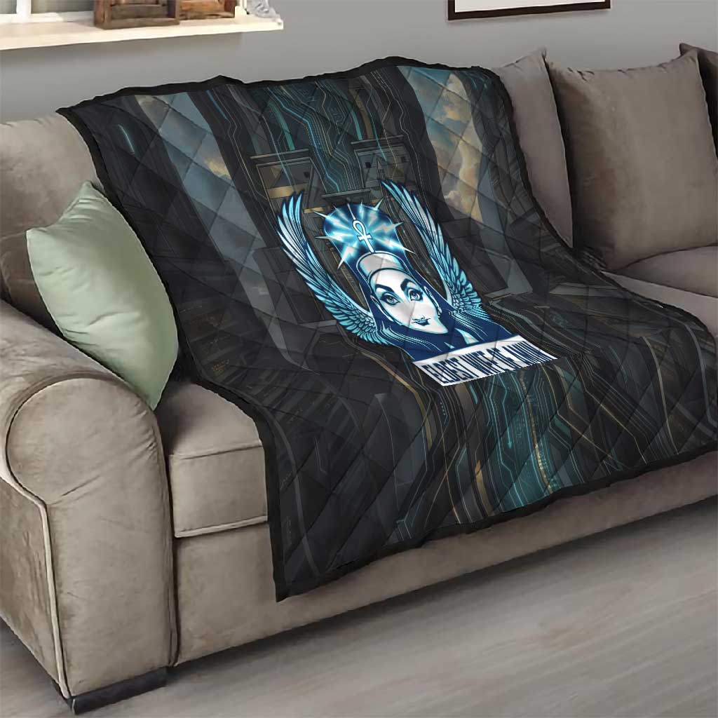 Wosret Winged Crown Quilt Egyptian Cyber Circuit Design in Futuristic Blue Theme