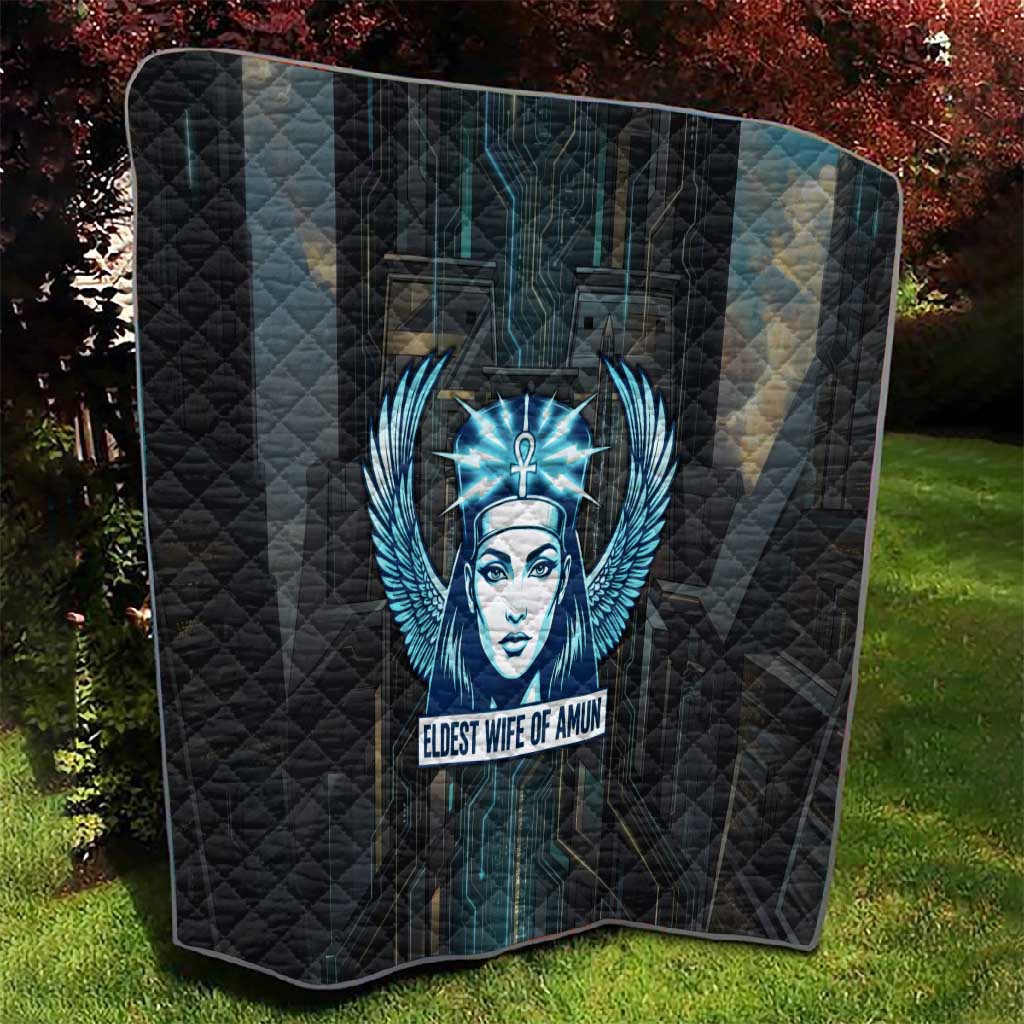 Wosret Winged Crown Quilt Egyptian Cyber Circuit Design in Futuristic Blue Theme