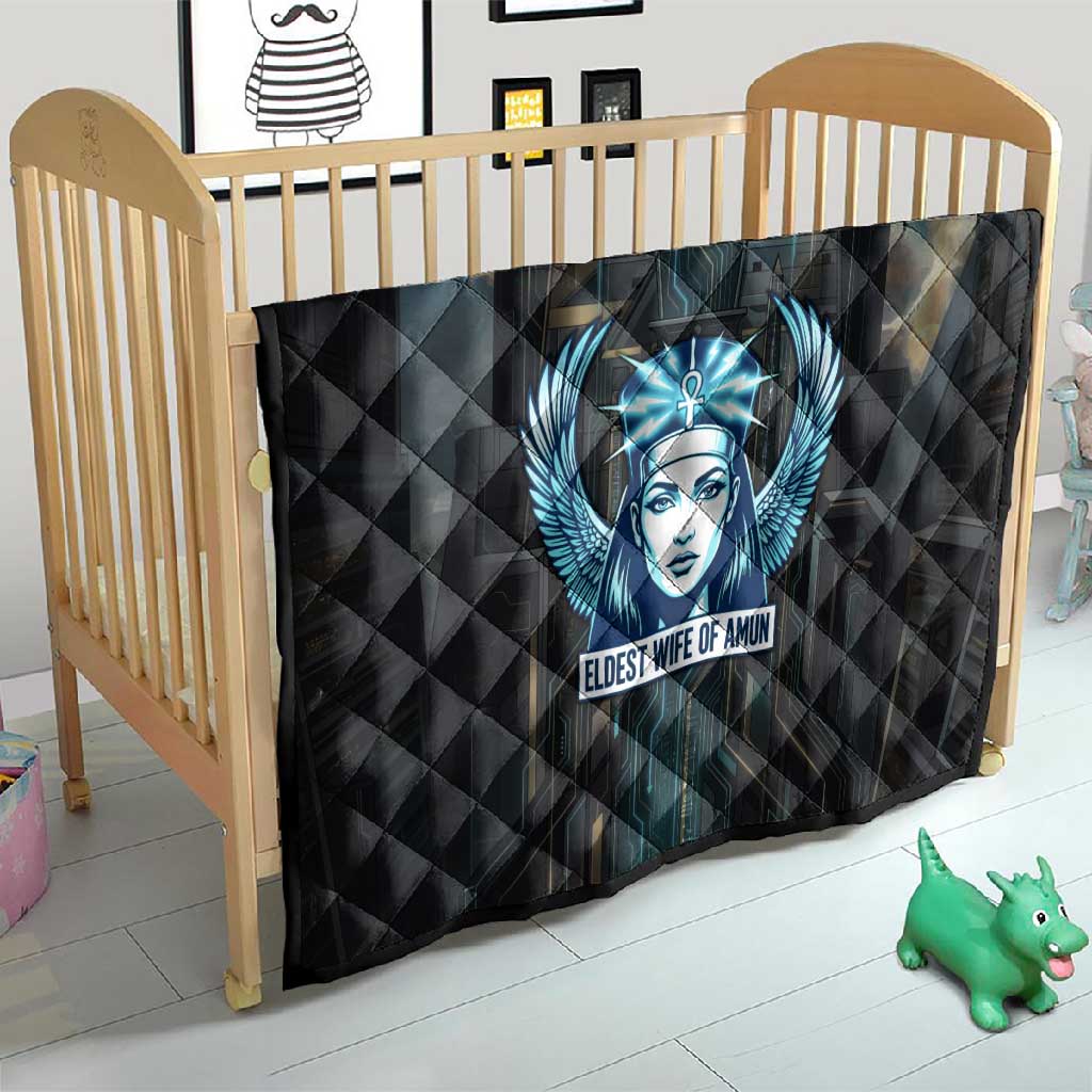 Wosret Winged Crown Quilt Egyptian Cyber Circuit Design in Futuristic Blue Theme