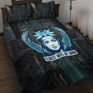 Wosret Winged Crown Quilt Bed Set Egyptian Cyber Circuit Design in Futuristic Blue Theme