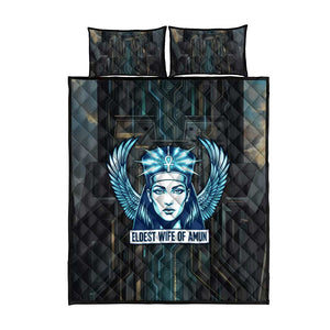 Wosret Winged Crown Quilt Bed Set Egyptian Cyber Circuit Design in Futuristic Blue Theme