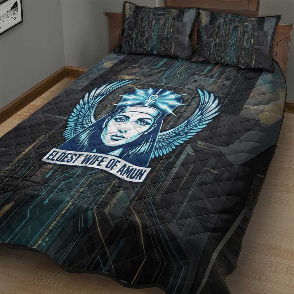 Wosret Winged Crown Quilt Bed Set Egyptian Cyber Circuit Design in Futuristic Blue Theme