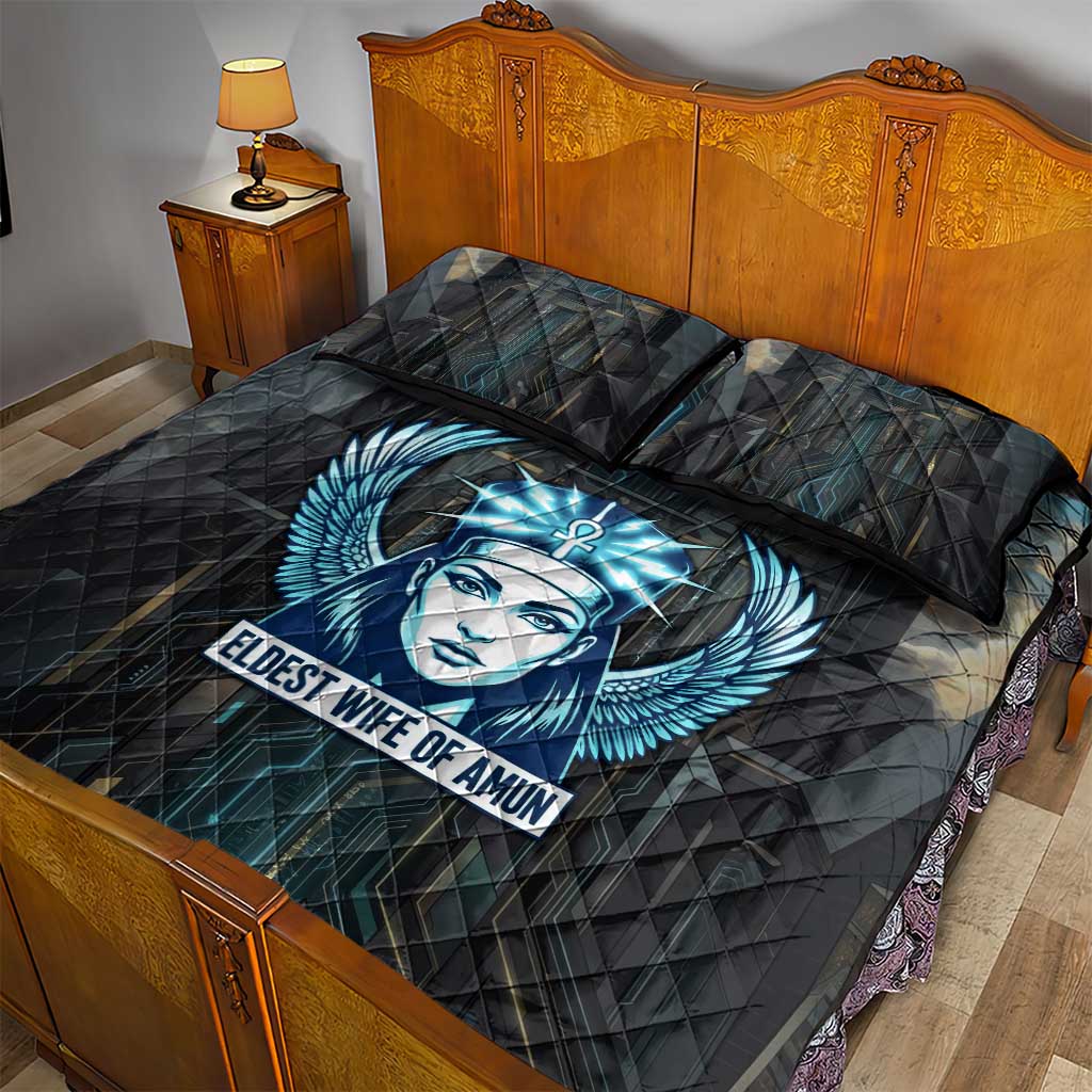 Wosret Winged Crown Quilt Bed Set Egyptian Cyber Circuit Design in Futuristic Blue Theme