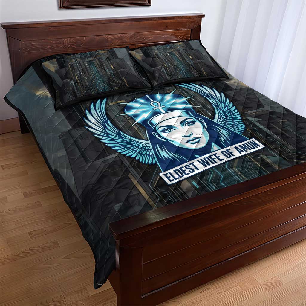 Wosret Winged Crown Quilt Bed Set Egyptian Cyber Circuit Design in Futuristic Blue Theme