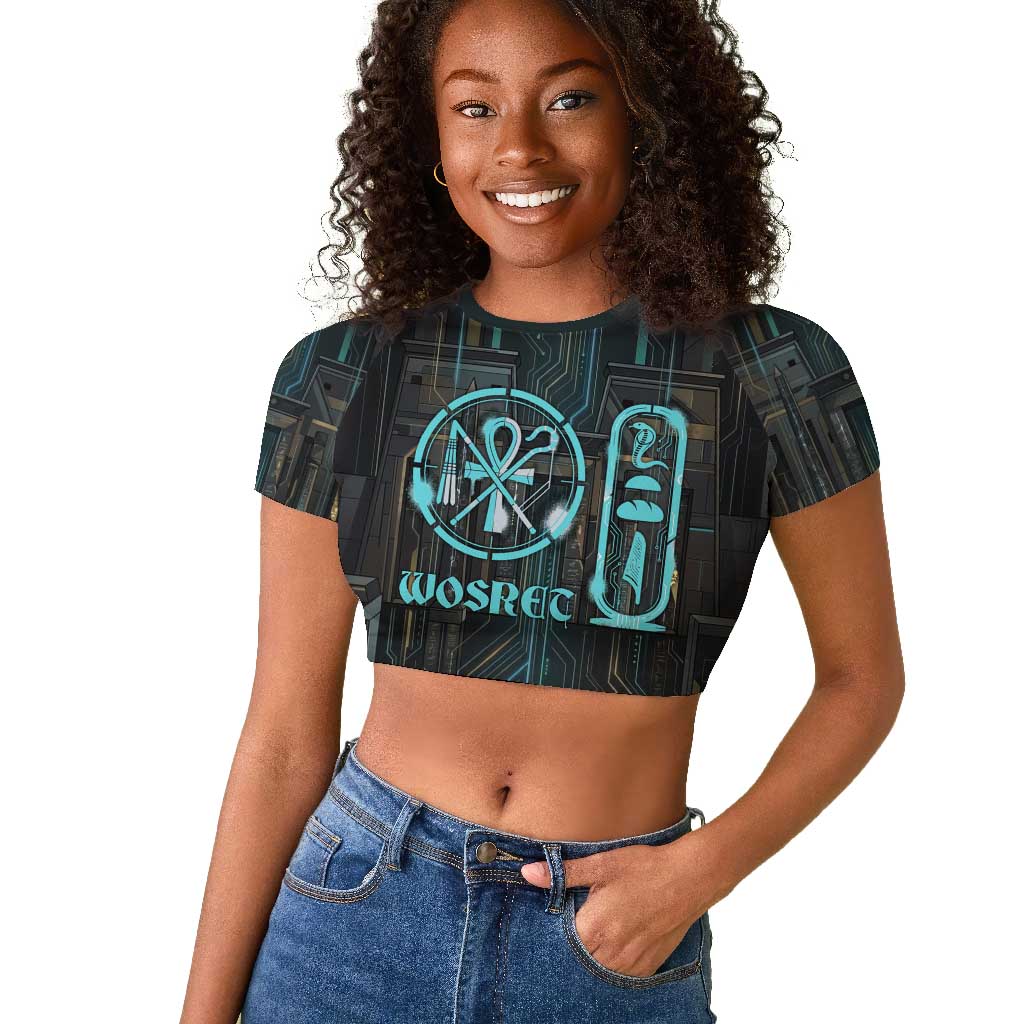 Wosret Winged Crown Raglan Cropped T shirt Egyptian Cyber Circuit Design in Futuristic Blue Theme