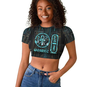 Wosret Winged Crown Raglan Cropped T shirt Egyptian Cyber Circuit Design in Futuristic Blue Theme