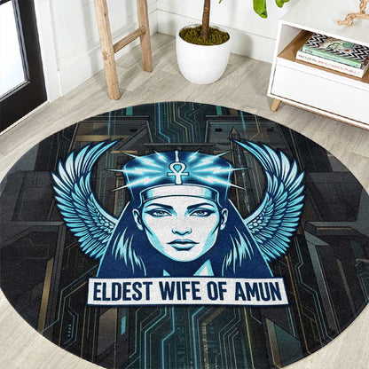 Wosret Winged Crown Round Carpet Egyptian Cyber Circuit Design in Futuristic Blue Theme