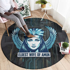Wosret Winged Crown Round Carpet Egyptian Cyber Circuit Design in Futuristic Blue Theme