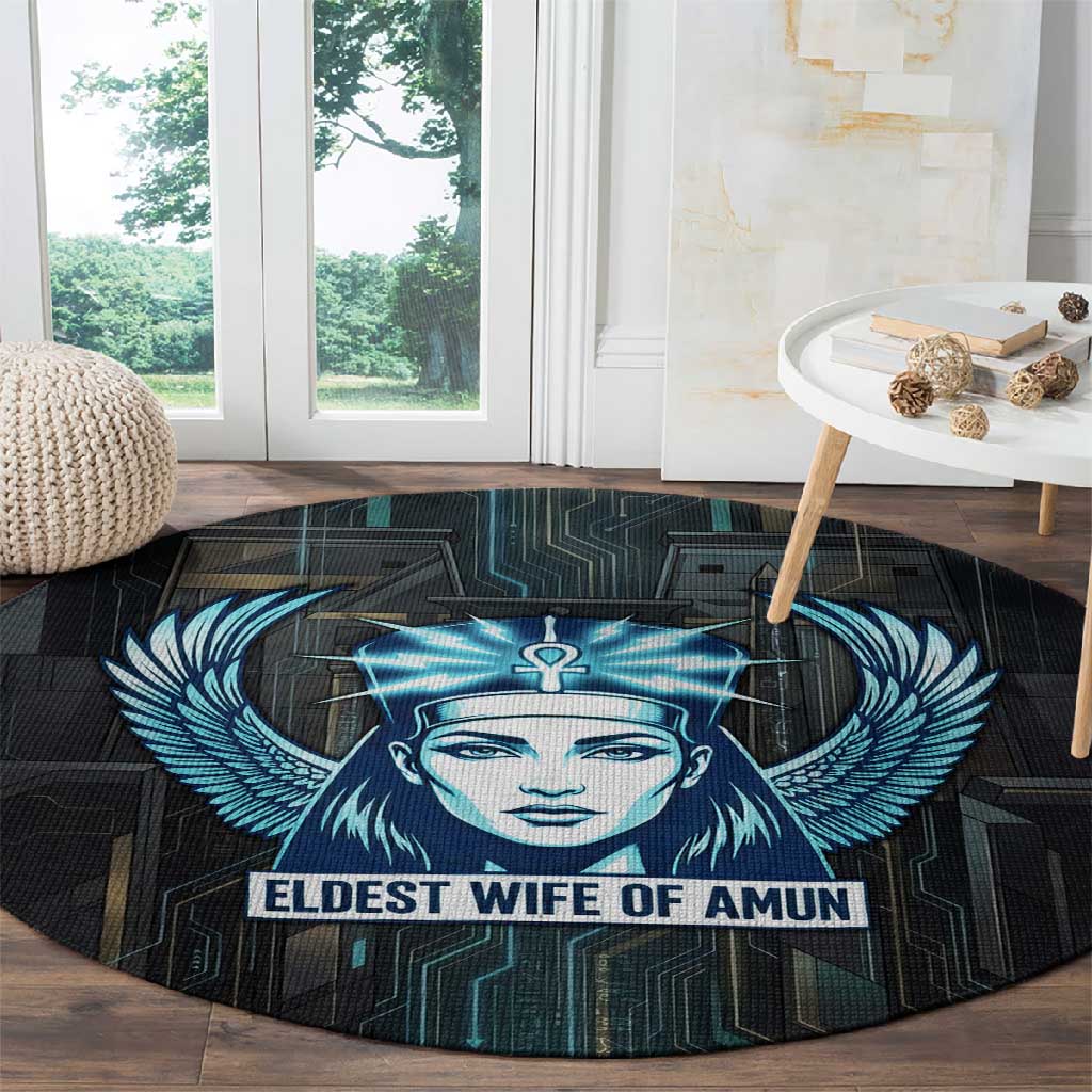Wosret Winged Crown Round Carpet Egyptian Cyber Circuit Design in Futuristic Blue Theme