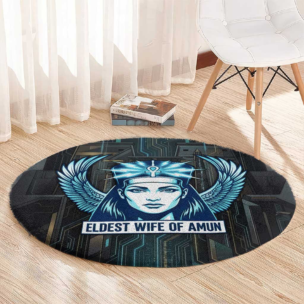 Wosret Winged Crown Round Carpet Egyptian Cyber Circuit Design in Futuristic Blue Theme