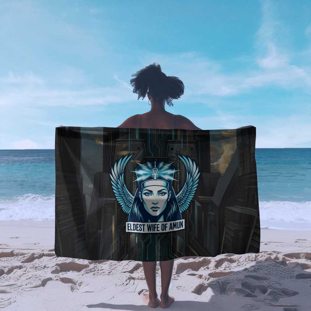 Wosret Winged Crown Sarong Egyptian Cyber Circuit Design in Futuristic Blue Theme