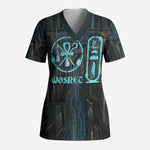 Wosret Winged Crown Scrub Top Egyptian Cyber Circuit Design in Futuristic Blue Theme
