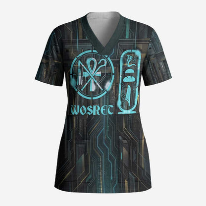 Wosret Winged Crown Scrub Top Egyptian Cyber Circuit Design in Futuristic Blue Theme
