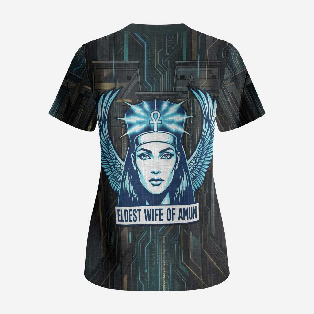 Wosret Winged Crown Scrub Top Egyptian Cyber Circuit Design in Futuristic Blue Theme