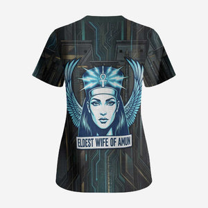 Wosret Winged Crown Scrub Top Egyptian Cyber Circuit Design in Futuristic Blue Theme