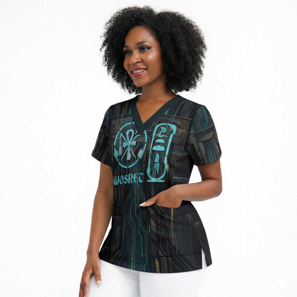 Wosret Winged Crown Scrub Top Egyptian Cyber Circuit Design in Futuristic Blue Theme