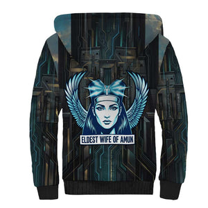 Wosret Winged Crown Sherpa Hoodie Egyptian Cyber Circuit Design in Futuristic Blue Theme