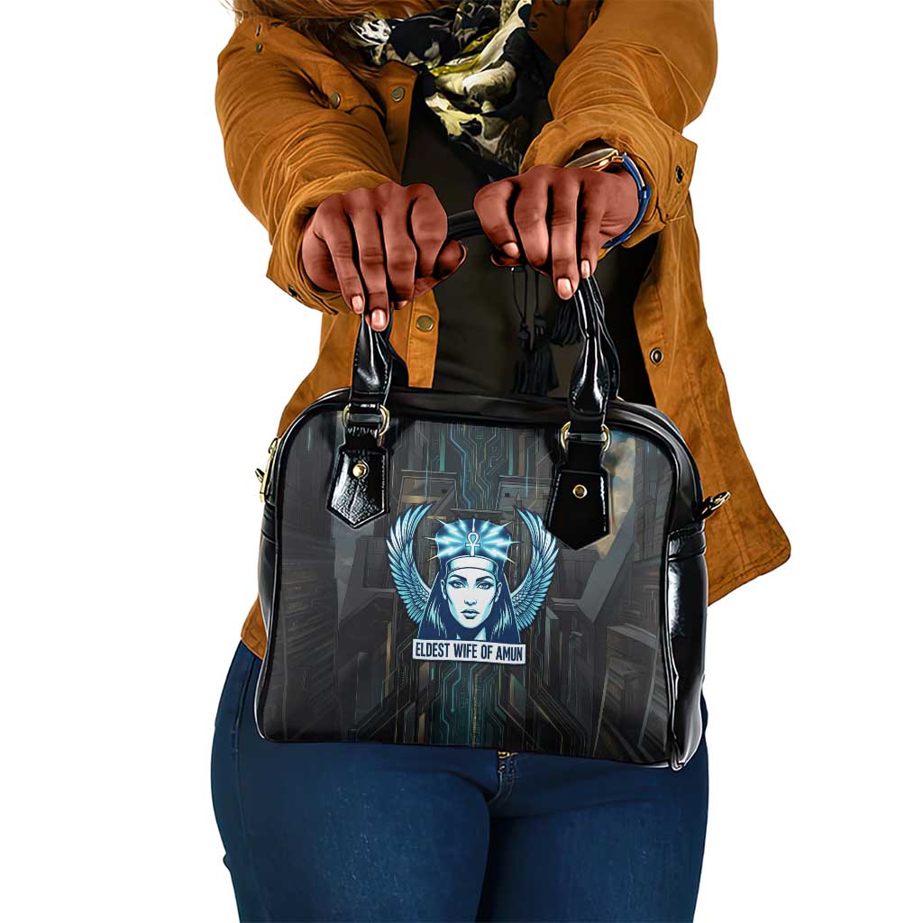 Wosret Winged Crown Shoulder Handbag Egyptian Cyber Circuit Design in Futuristic Blue Theme