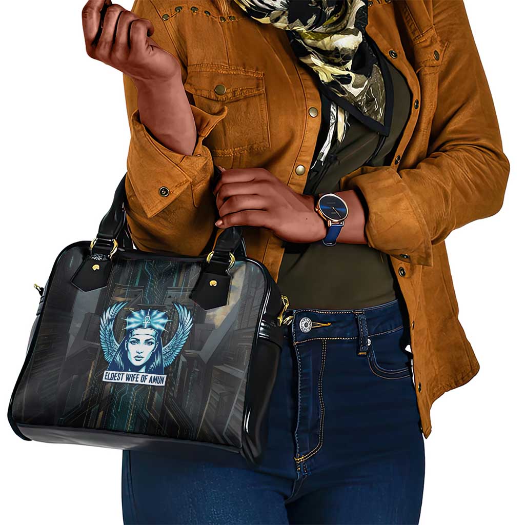 Wosret Winged Crown Shoulder Handbag Egyptian Cyber Circuit Design in Futuristic Blue Theme
