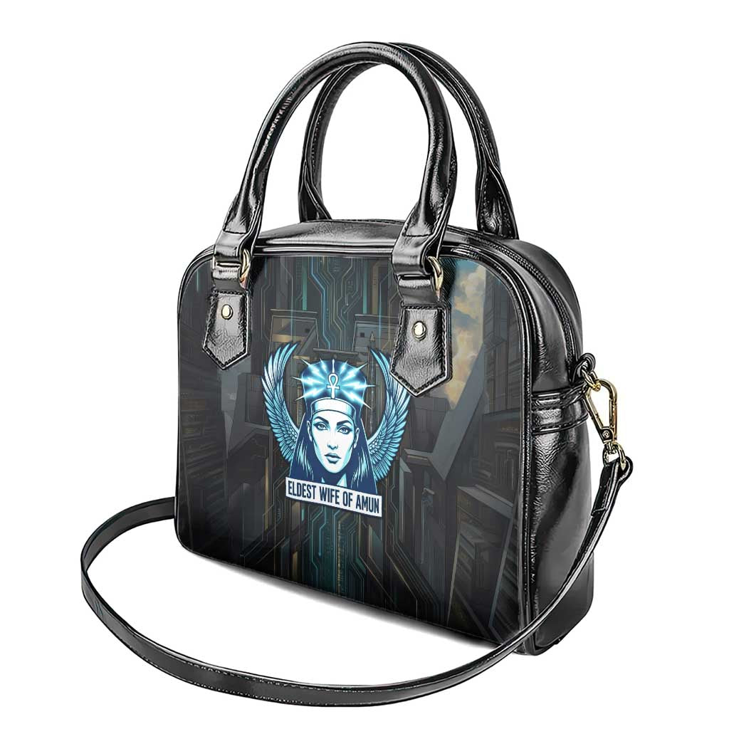 Wosret Winged Crown Shoulder Handbag Egyptian Cyber Circuit Design in Futuristic Blue Theme