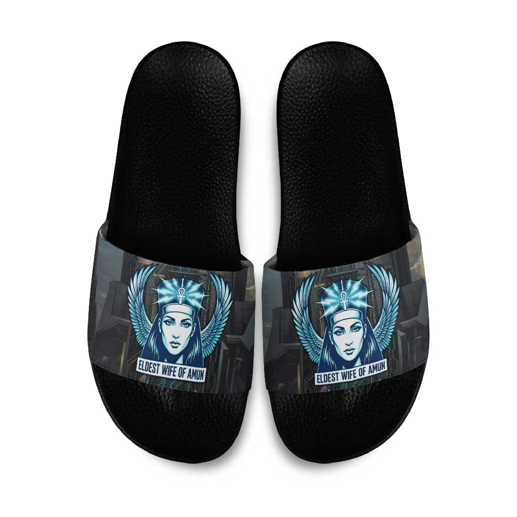 Wosret Winged Crown Slide Sandals Egyptian Cyber Circuit Design in Futuristic Blue Theme