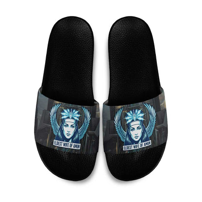Wosret Winged Crown Slide Sandals Egyptian Cyber Circuit Design in Futuristic Blue Theme