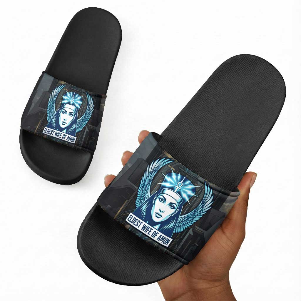 Wosret Winged Crown Slide Sandals Egyptian Cyber Circuit Design in Futuristic Blue Theme